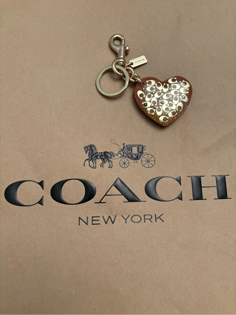 Coach Heart-Shaped Key & Card Holder Charm in Brown and Gold